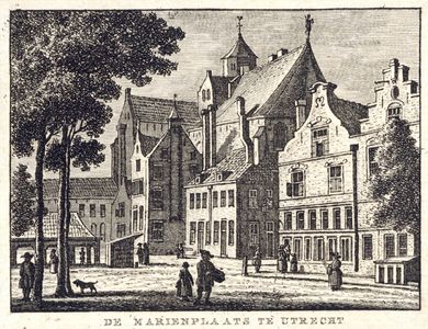 35586 Gezicht op de zuidoosthoek van de Mariaplaats te Utrecht met op de achtergrond de Mariakerk.01-01-1788-31-12-1788